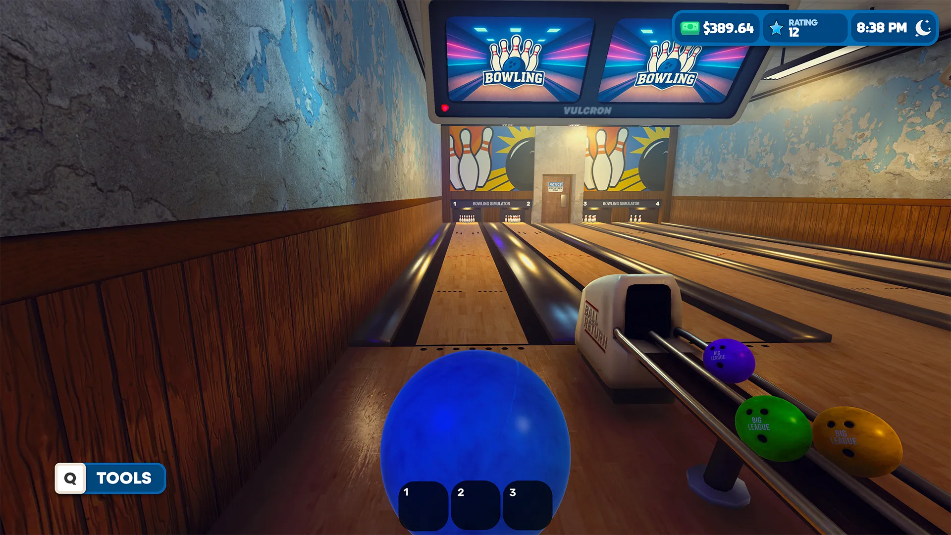 A bowling ball rolling down a glossy lane toward the pins
