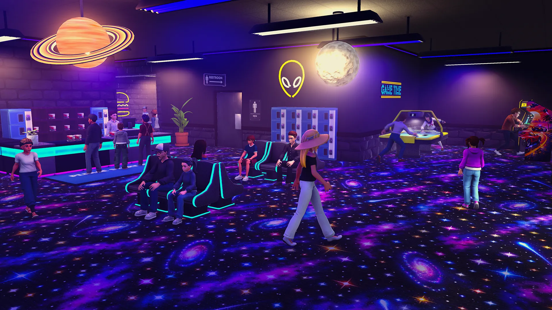 Cosmic blacklight bowling under neon lights